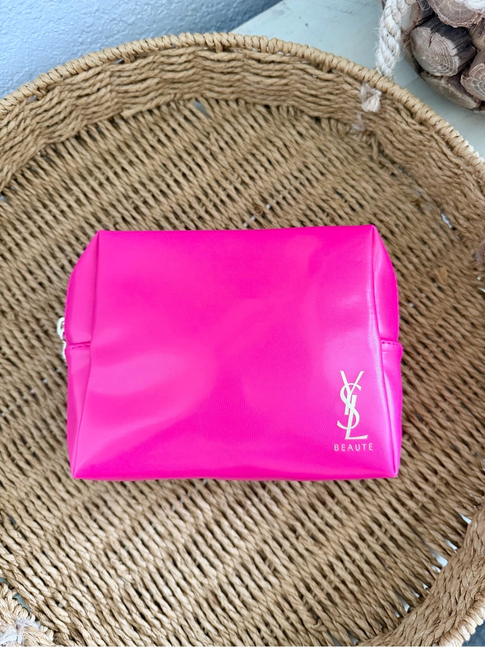 Saint Laurent Neon Pink Cosmetic Pouch with Gold YSL Emblem